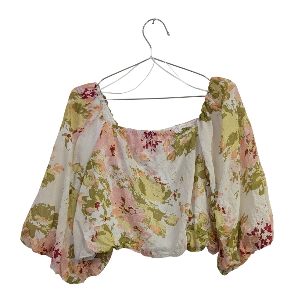 Calypso St. Barth Puff Sleeve Top Cropped Watercolor Floral Boho Chic Large